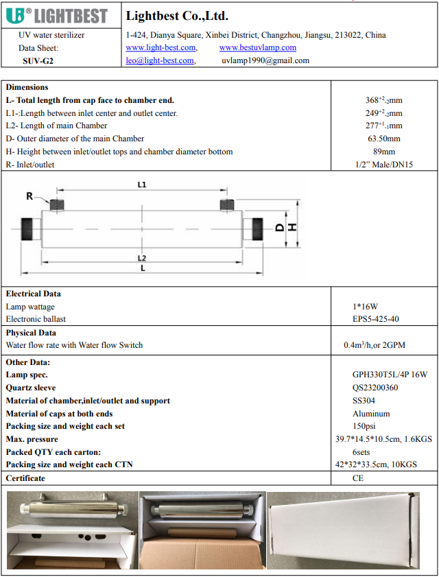 Stérilisateur d'eau uv 2gpm avec interrupteur de débit d'eau pour le traitement de l'eau avec lampe uv 16w